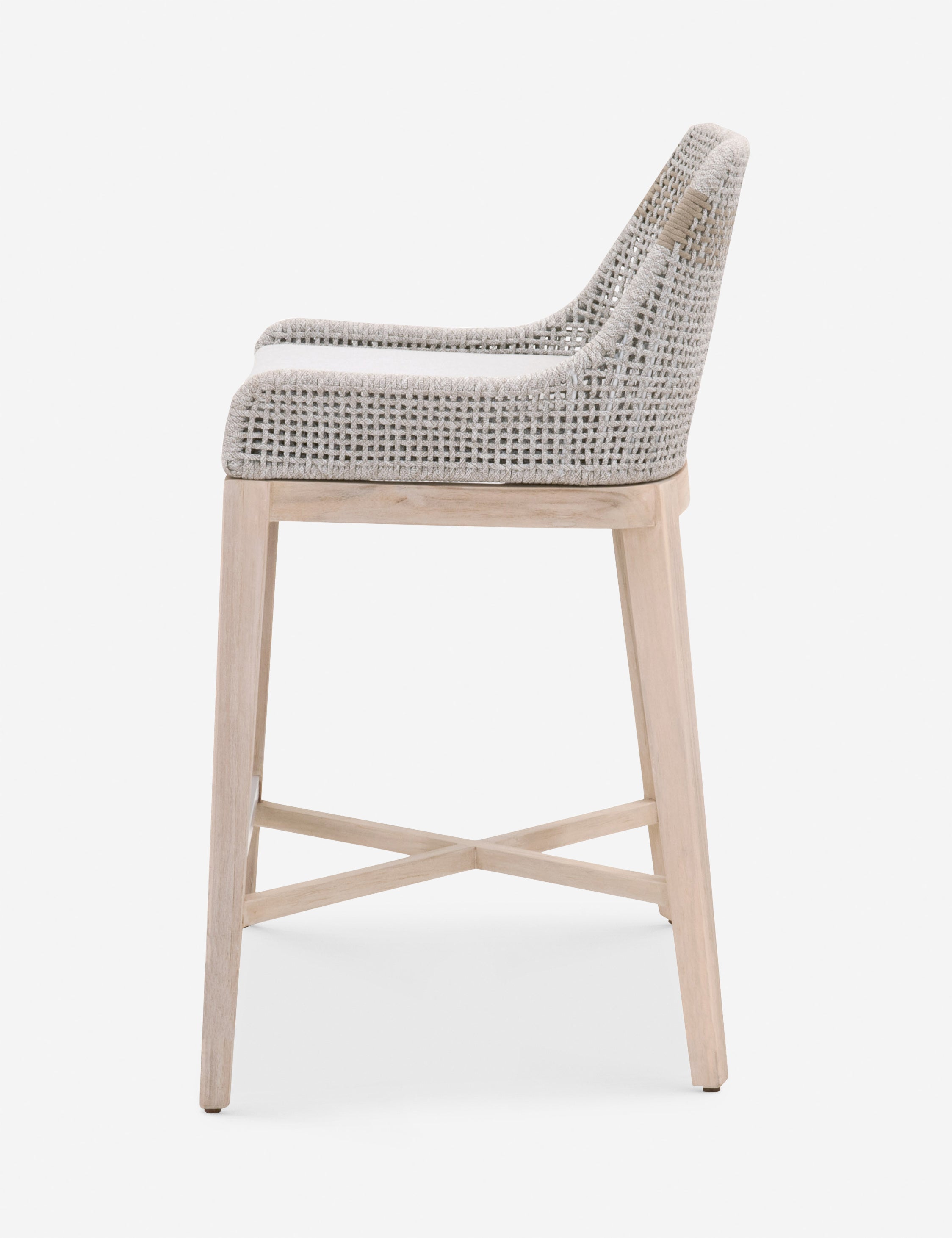 Indoor/outdoor bar and counter stool with grey woven seat and white cushion.