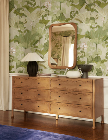 #color::natural | Bedroom featuring the Fontaine wavy detailing solid oak 6-drawer dresser by Aimee Song