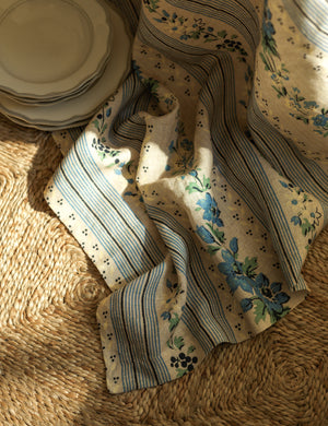 Corner of the Golden floral stripe linen tablecloth by Heidi Caillier