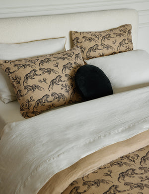 Bed styled with the Tiger hemp fabric pillow shams and duvet cover