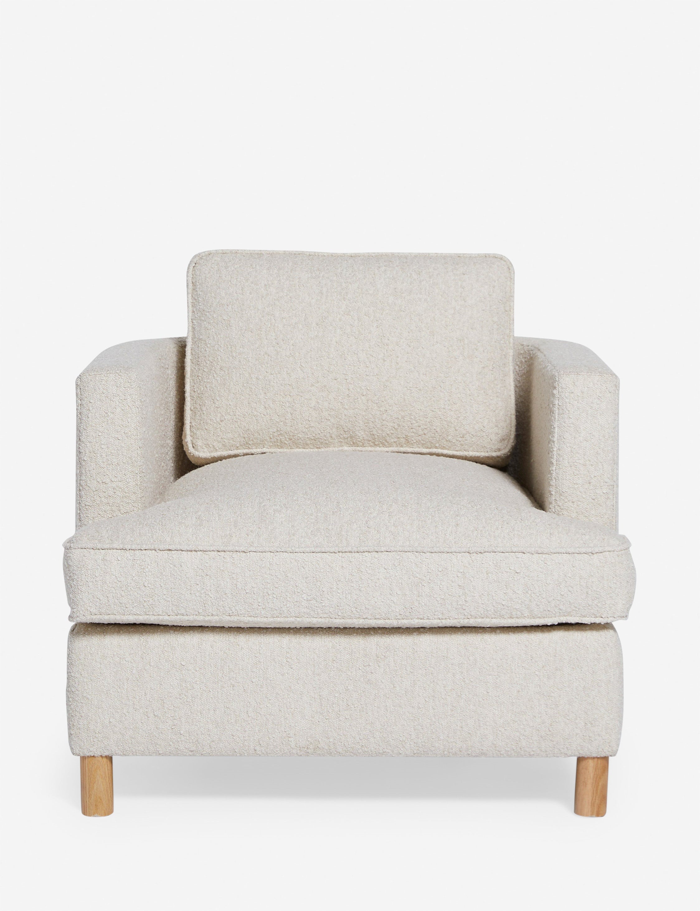 #color::taupe-boucle | Belmont Taupe boucle accent chair by Ginny Macdonald with a curved back and oversized plush cushions