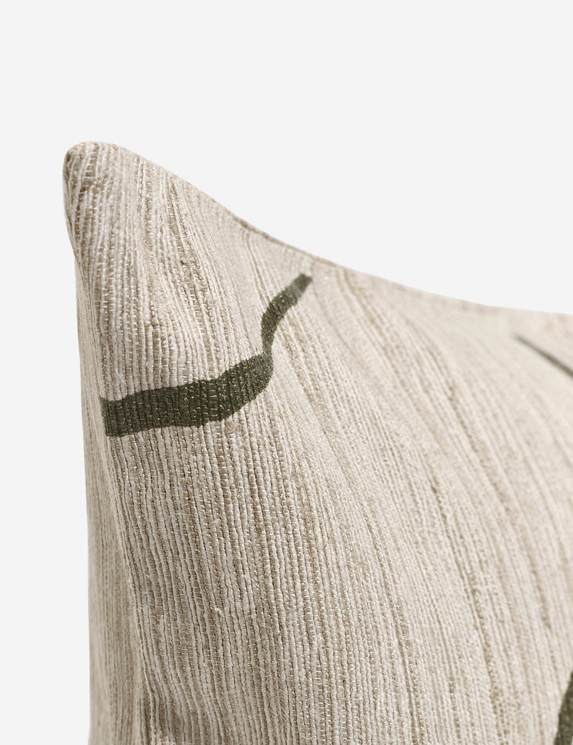 #color::olive #style::long-lumbar | Corner shot of the Canyon Olive Green Square Pillow