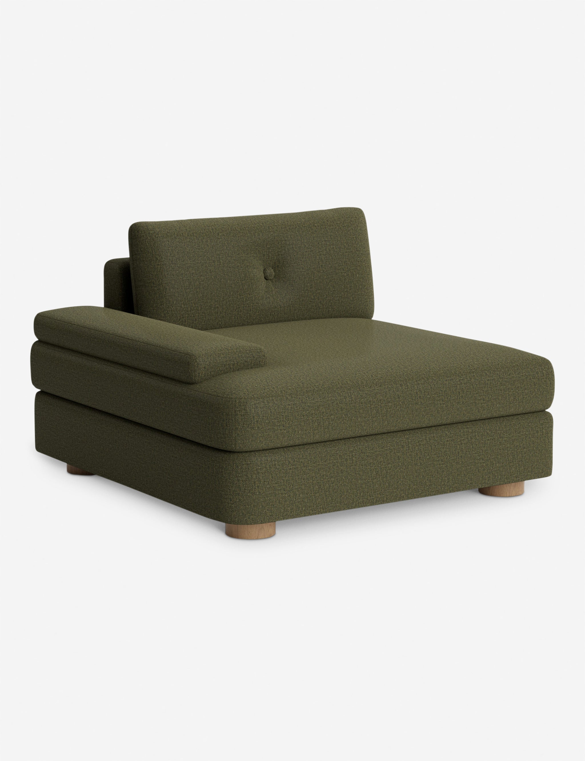 Angled view of an olive green modular left arm sofa section.