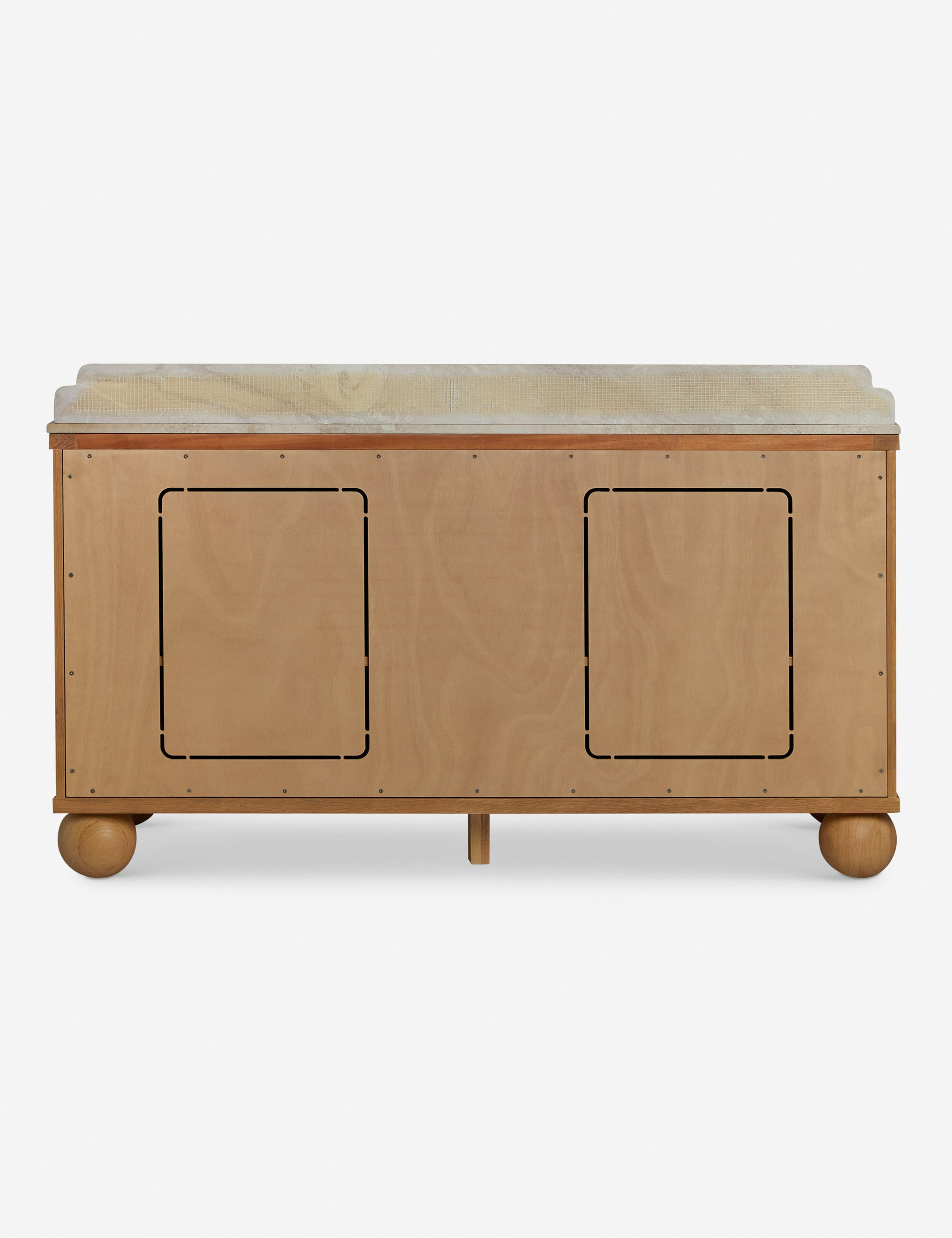 Back view of a light wood bathroom vanity showing the wooden paneling.