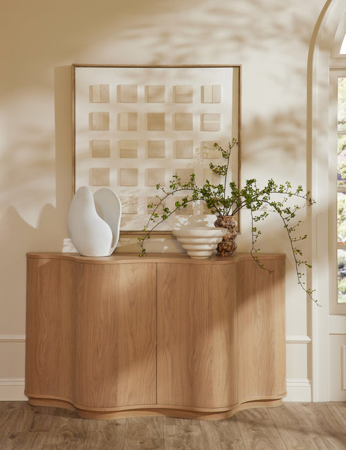 | Soft Petal matte white floral silhouette table lamp styled on the Cora sideboard