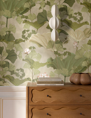 #color::green | Lotus lush botanical wallpaper by Aimee Song on a wall behind a dresser