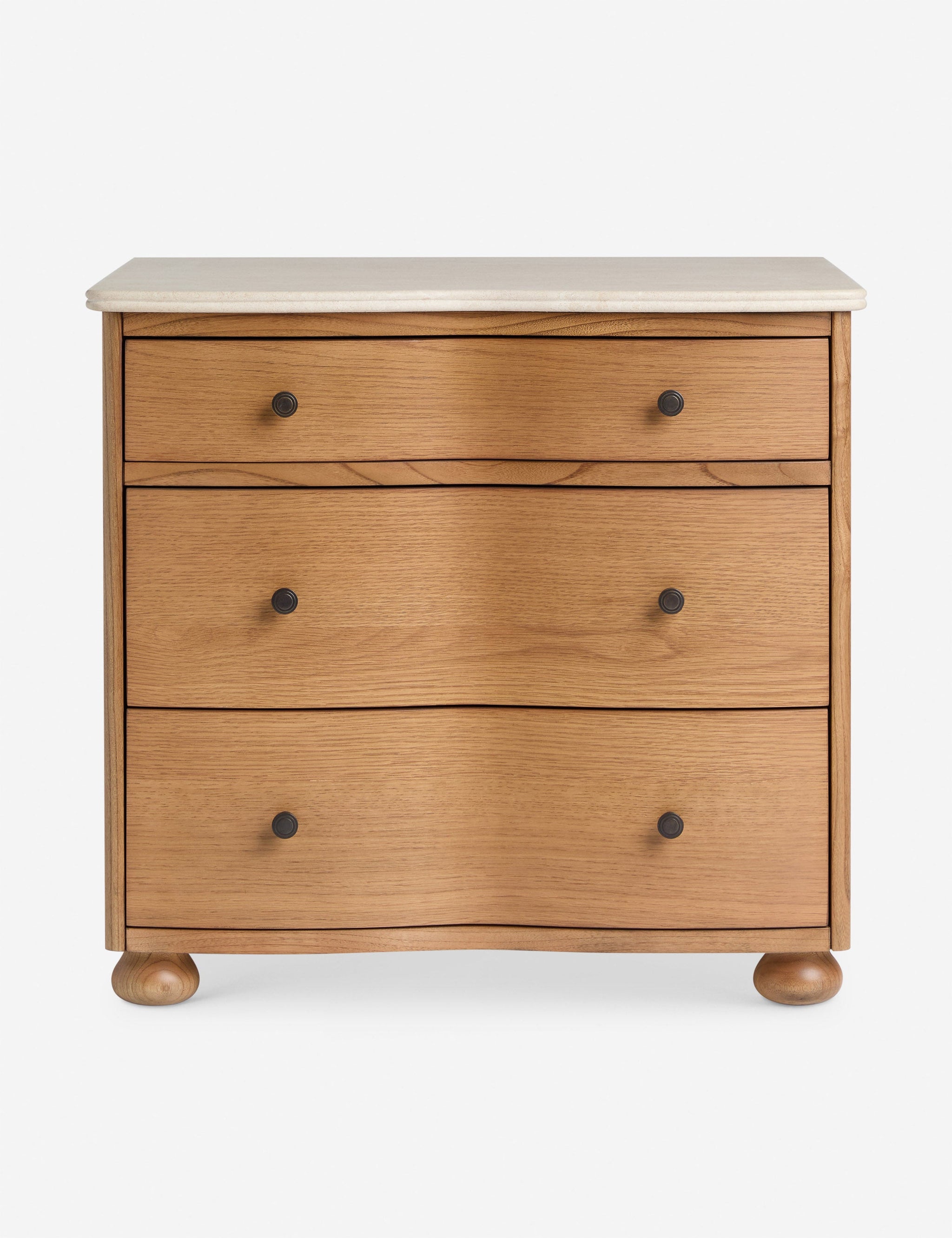 Front view of a light caramel wood nightstand with three drawers and a marble top.