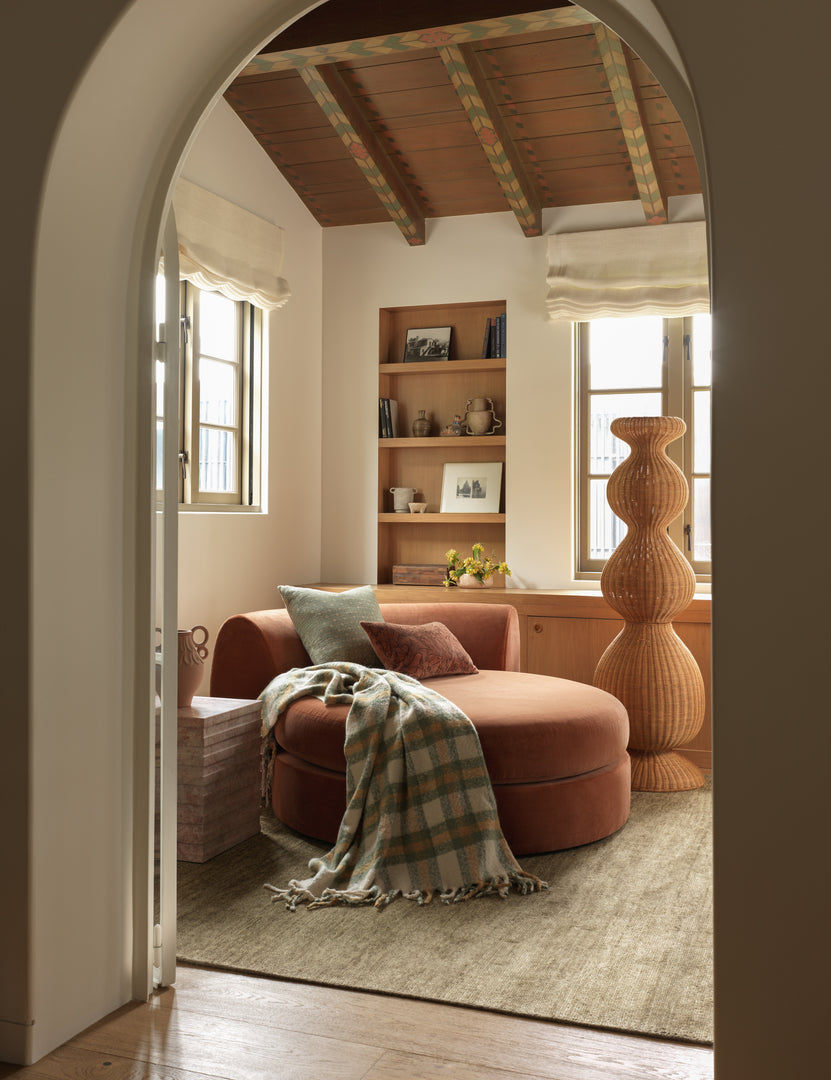 #color::iced-coffee-and-deep-sage | The Haldar chunky tasseled edge plaid throw draped over a chaise.