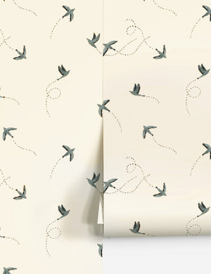 Sparrow blue and white wallpaper by Rylee and Cru.