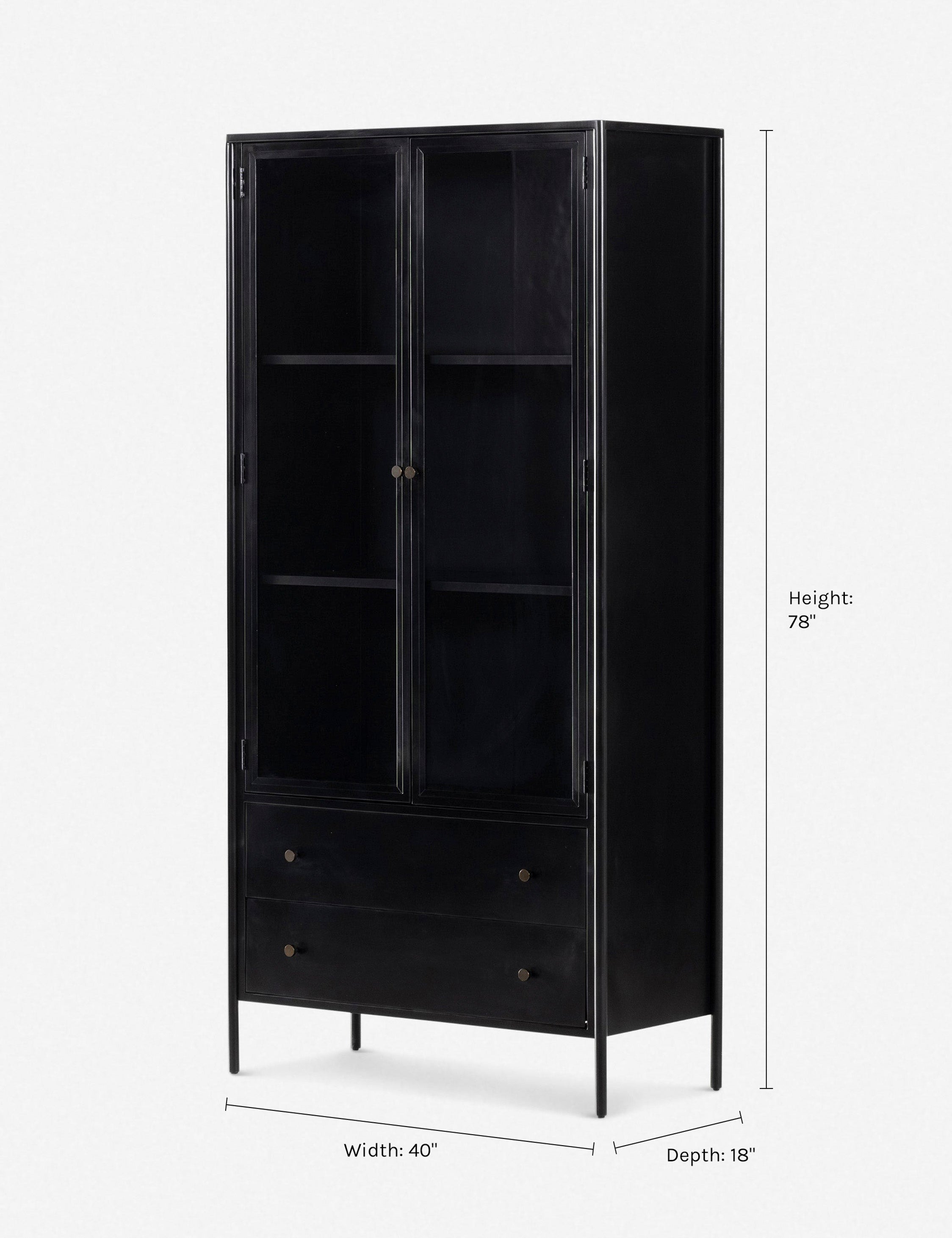 Black Iron and Glass 78" Curio Cabinet with Drawers