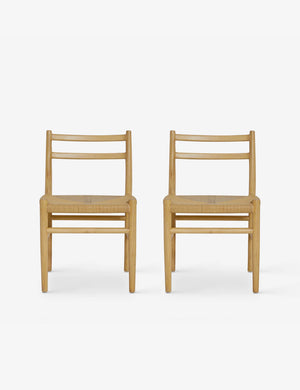 Set of 2 Nicholson slim natural oak wood frame and woven seat dining chairs.