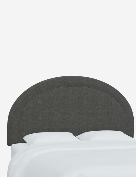 #color::charcoal-linen #size::full #size::queen #size::king #size::cal-king | Angled view of the Odele Charcoal Gray Linen arched headboard