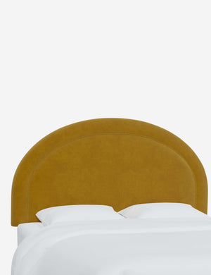 Angled view of the Odele Citronella Yellow Velvet arched headboard