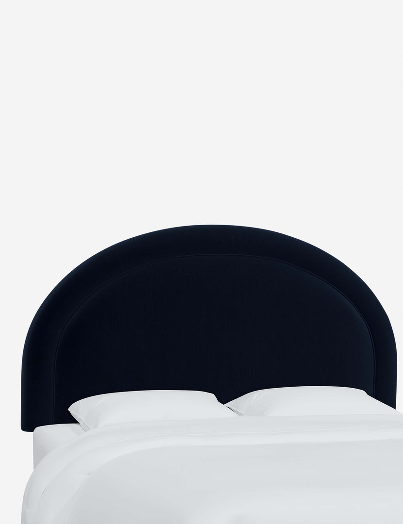 #color::navy-velvet #size::full #size::queen #size::king #size::cal-king | Angled view of the Odele Navy Velvet arched headboard