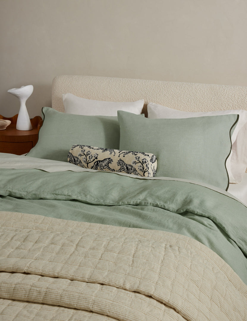 #color::lichen #size::full-queen #size::king-cal-king | Essie soft, breathable hemp duvet cover in lichen green with bolster pillow and bedspread