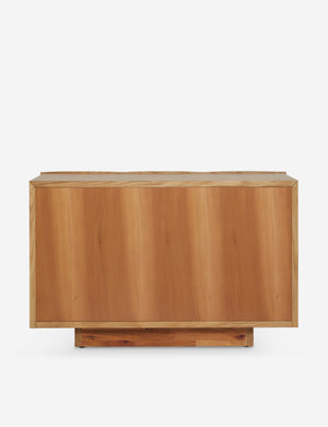 Back of the Otelia wide profile two drawer nightstand in natural wood