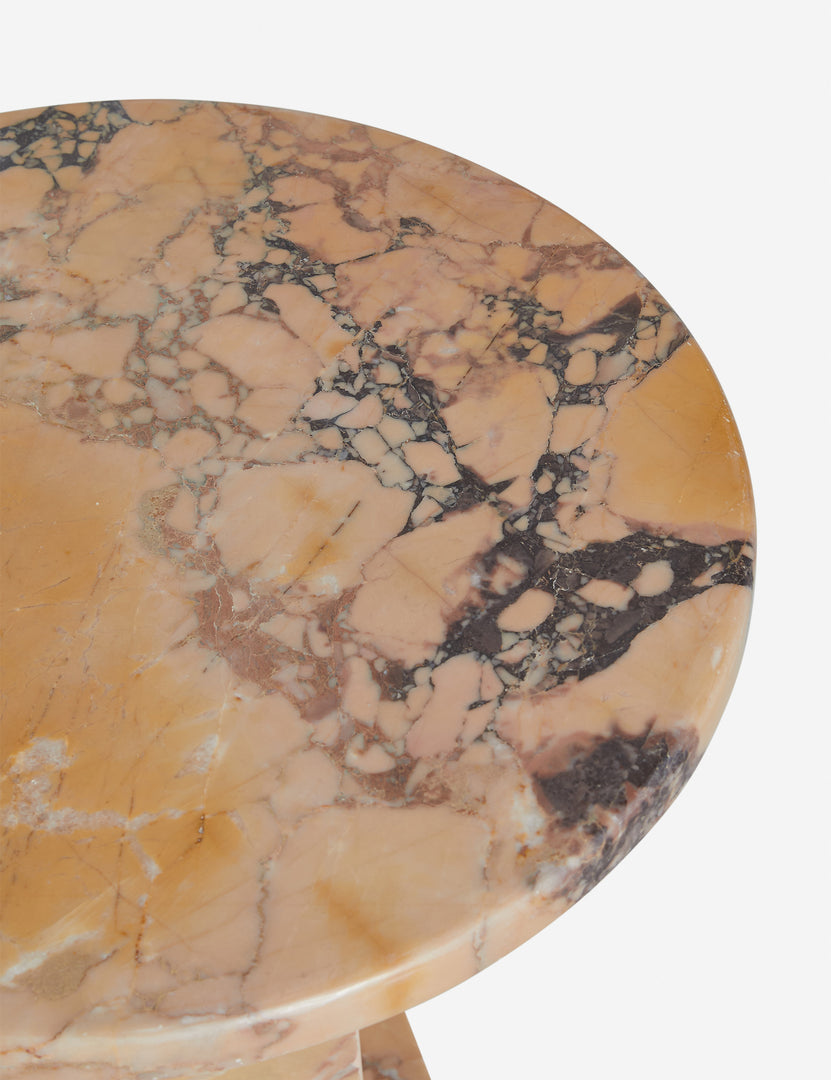 #color::orange-marble | Close up of the Potts round marble pedestal side table.