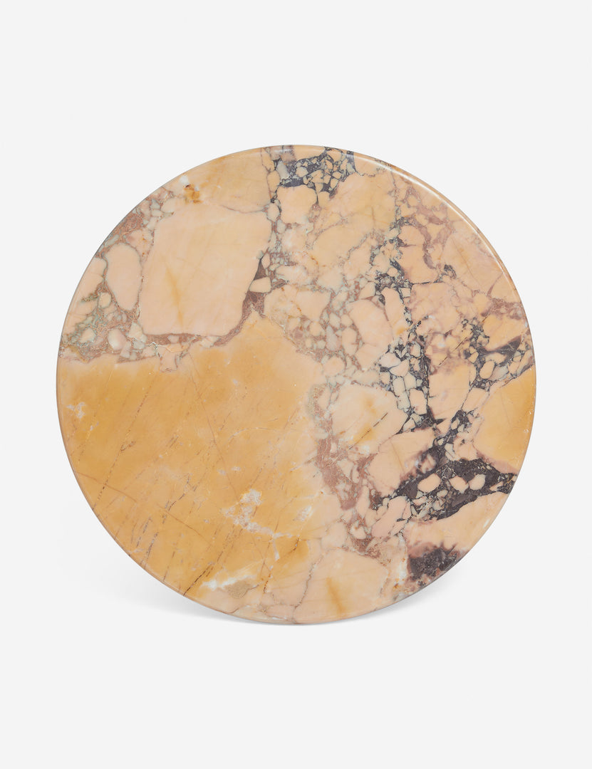 #color::orange-marble | Top of the Potts round marble pedestal side table.