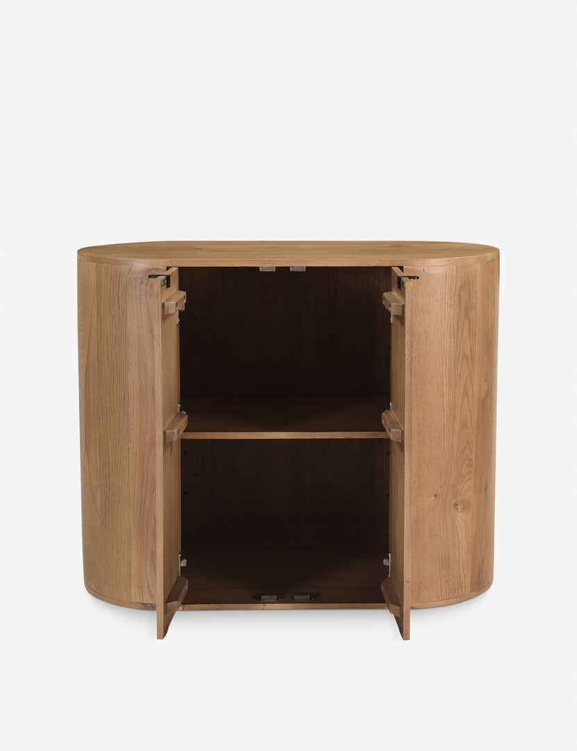 | Kono 2-door curved oak cabinet with both doors open.
