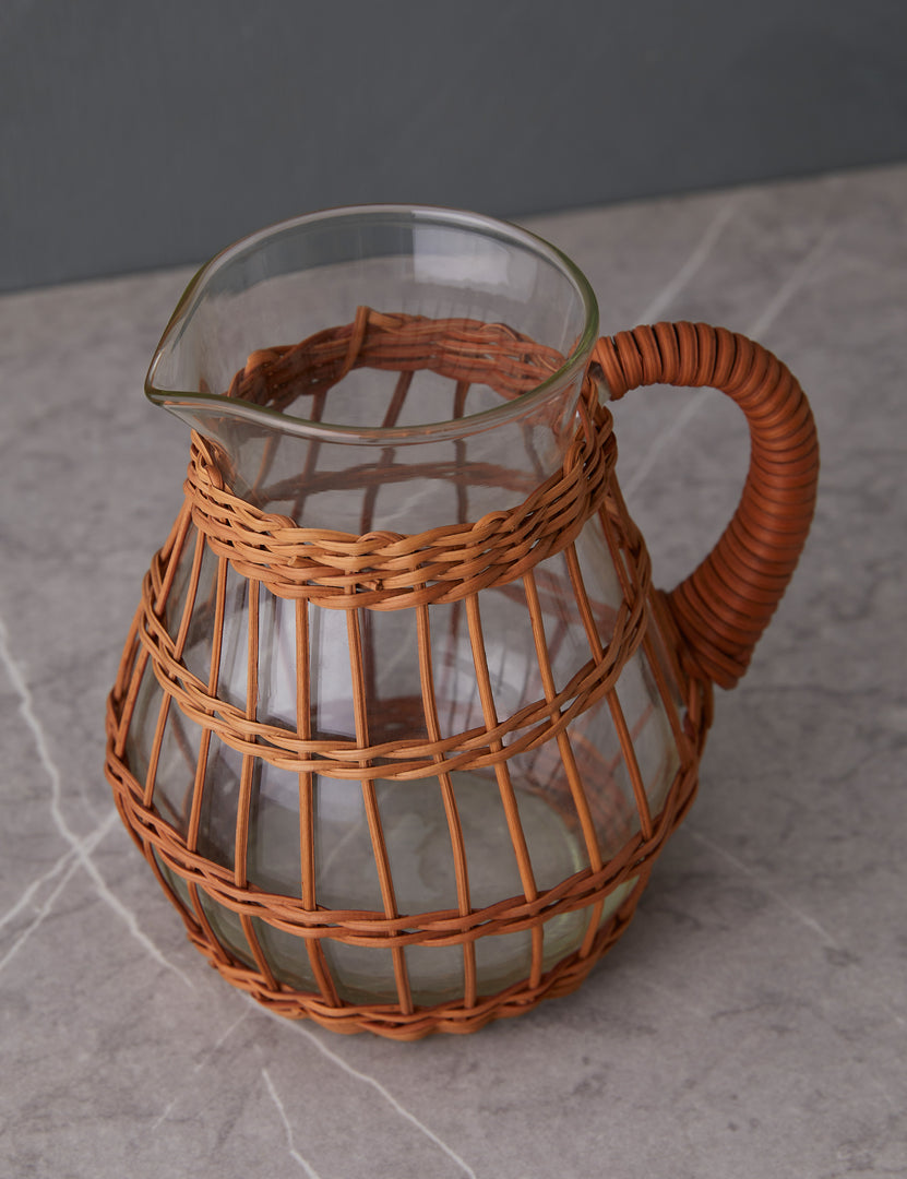 | Angled view of the rattan wrapped Lorraine pitcher