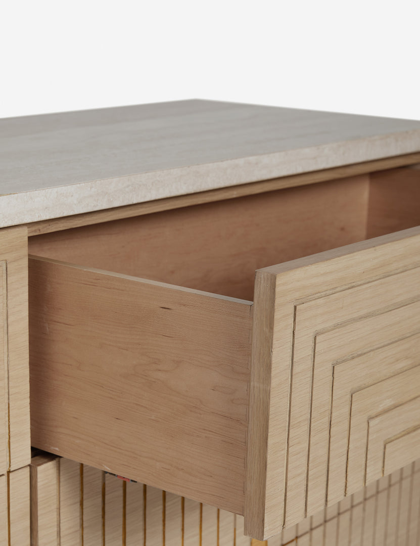 #color::natural-oak | Close up of the open top drawer of the Rayner carved linear detailing oak six drawer dresser.