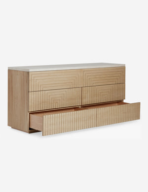 Rayner carved linear detailing oak six drawer dresser with bottom drawers open.