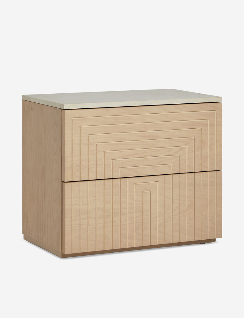 #color::natural-oak | Angled view of the Rayner carved linear detailing oak two drawer nightstand.