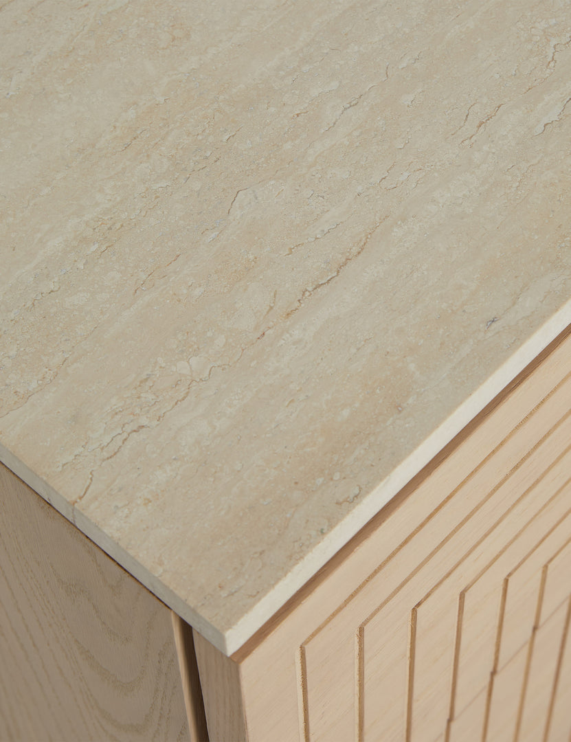 #color::natural-oak | Close up of the top of the Rayner carved linear detailing oak two drawer nightstand.