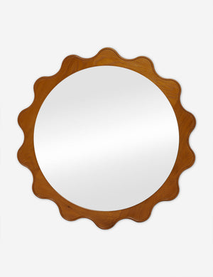 Ripple wavy framed round wall mirror in honey oak