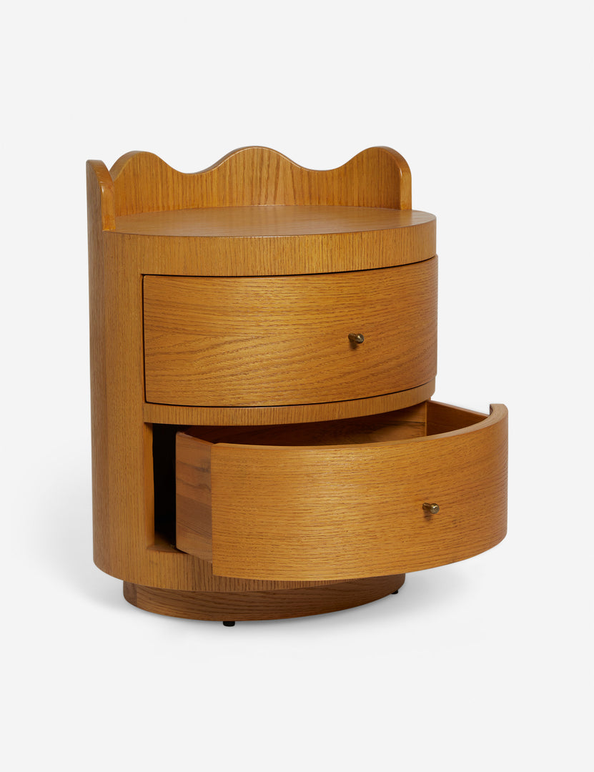 #color::honey-oak | Ripple wavy profile, round two drawer nightstand with bottom drawer open