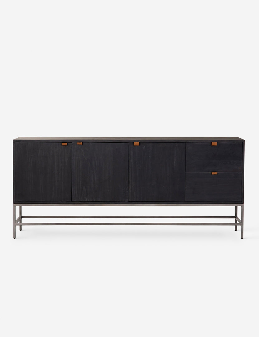 #color::black | Rosamonde black wood sideboard with brown leather pulls and a metal base