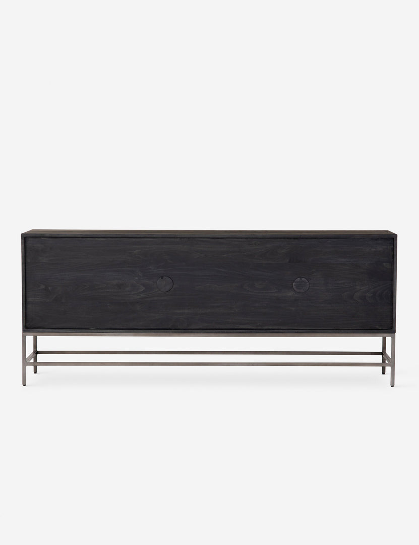 #color::black | Rear view of the Rosamonde black wood sideboard with brown leather pulls and a metal base