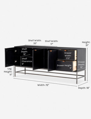 Dimensions of the Rosamonde black wood sideboard with brown leather pulls and a metal base