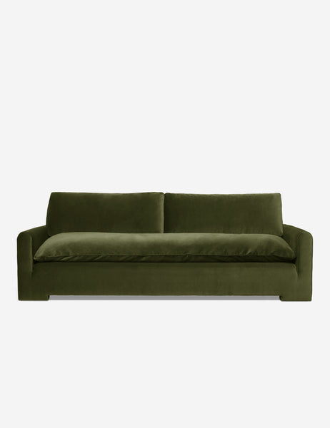 #color::loden-velvet #size::102-W | Rupert Loden Gray Velvet sofa with an elevated frame and plush cushions by Sarah Sherman Samuel