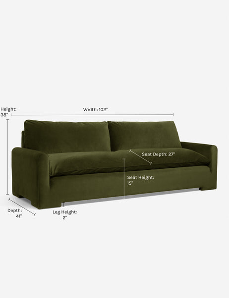 #color::loden-velvet #size::102-W | Dimensions on the Rupert Loden Gray Velvet sofa