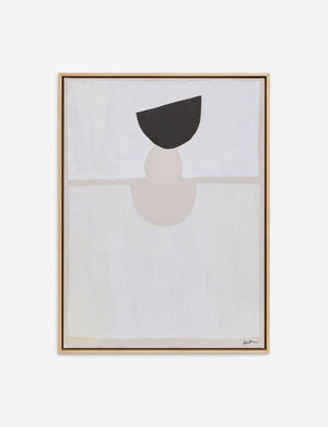 A Foothold Print by Sarah Sherman Samuel featuring cream, white, and black abstract shapes surrounded by a maple floater frame