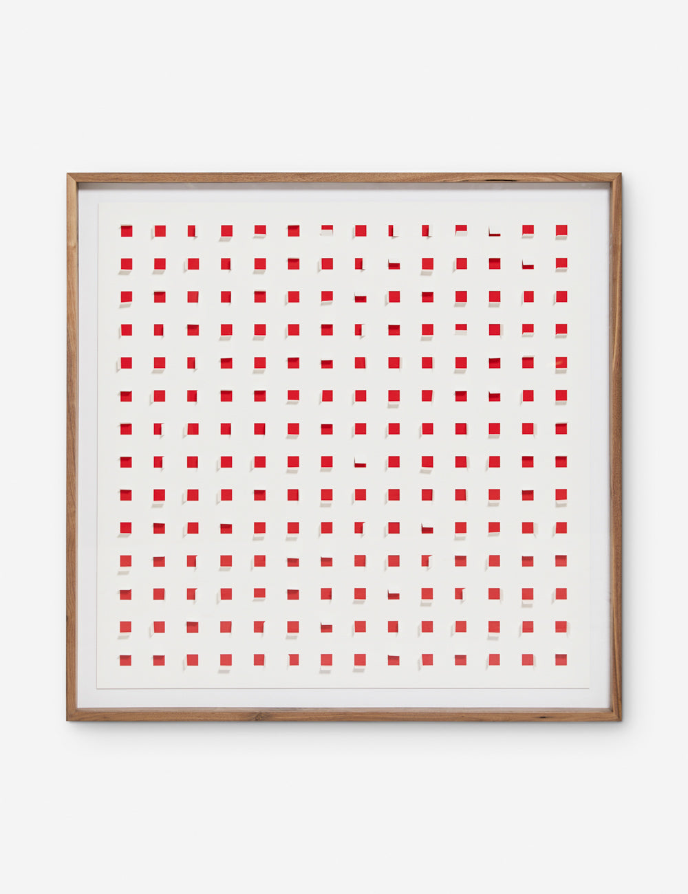 #color::cherry-and-white #size::48--x-48- | See Through cherry red and white wall art featuring square paper cutouts with flaps on a linen backdrop