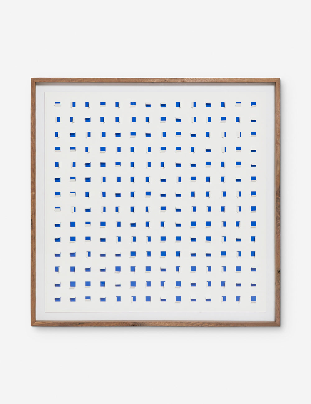 #color::cobalt-and-white #size::48--x-48- | See Through cobalt blue and white wall art featuring square paper cutouts with flaps on a linen backdrop