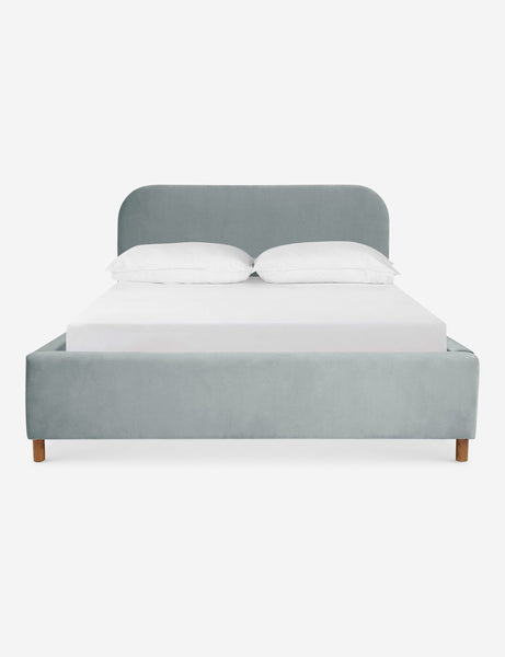 #size::queen #size::king #color::dove #size::cal-king | Solene Dove light blue velvet platform bed with an arched headboard and oak wood legs