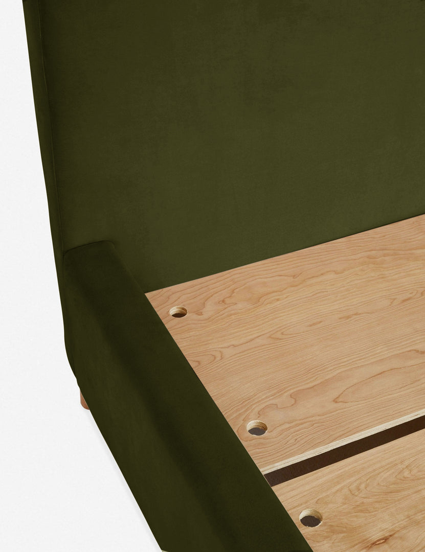 #size::queen #size::king #color::loden-velvet #size::cal-king | Close-up of the wooden support beams inside the base of the Solene Loden Velvet platform bed