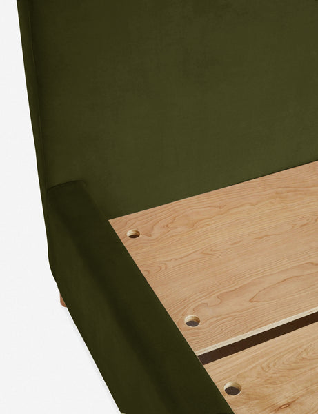 #size::queen #size::king #color::loden-velvet #size::cal-king | Close-up of the wooden support beams inside the base of the Solene Loden Velvet platform bed
