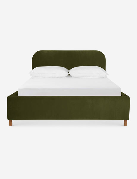 #size::queen #size::king #color::loden-velvet #size::cal-king | Solene Loden Velvet platform bed with an arched headboard and oak wood legs