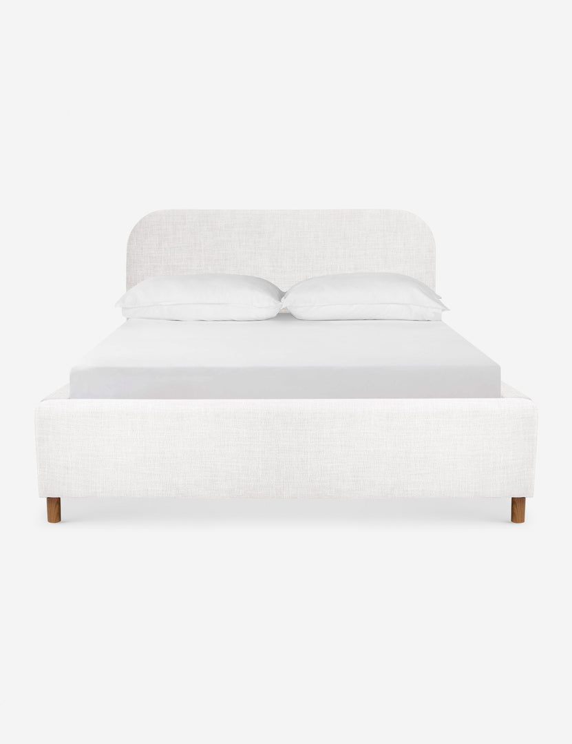 #size::queen #size::king #color::white #size::cal-king | Solene White linen platform bed with an arched headboard and oak wood legs