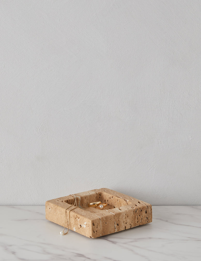 #color::biscotti | Teo catchall square tray in biscotti stone holding jewelry