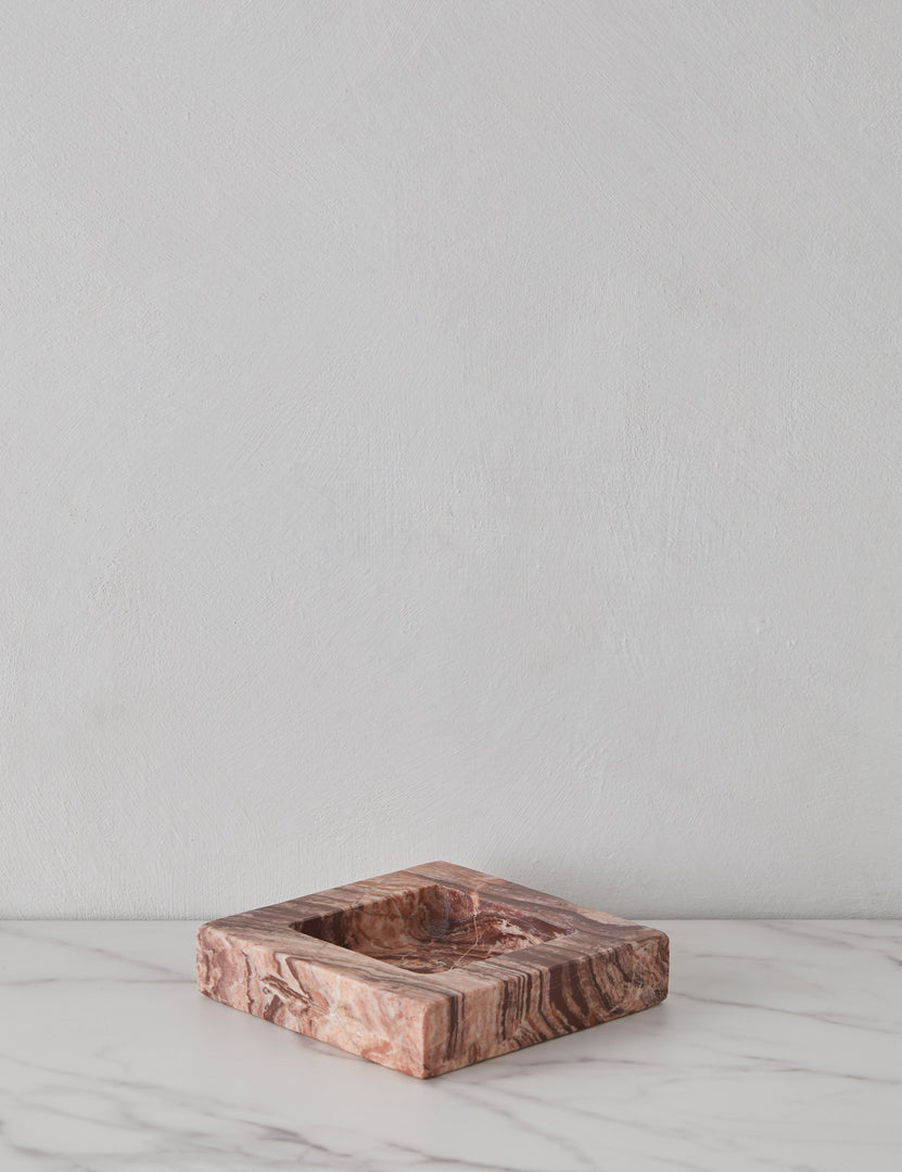 #color::pink-puff-marble | Angled view of the Teo catchall square tray in pink marble