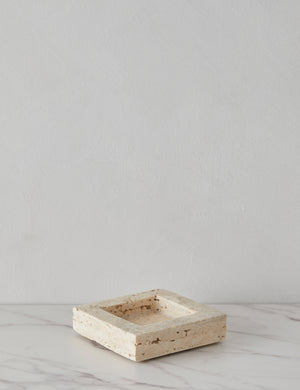 Side view of the Teo catchall square tray in travertine