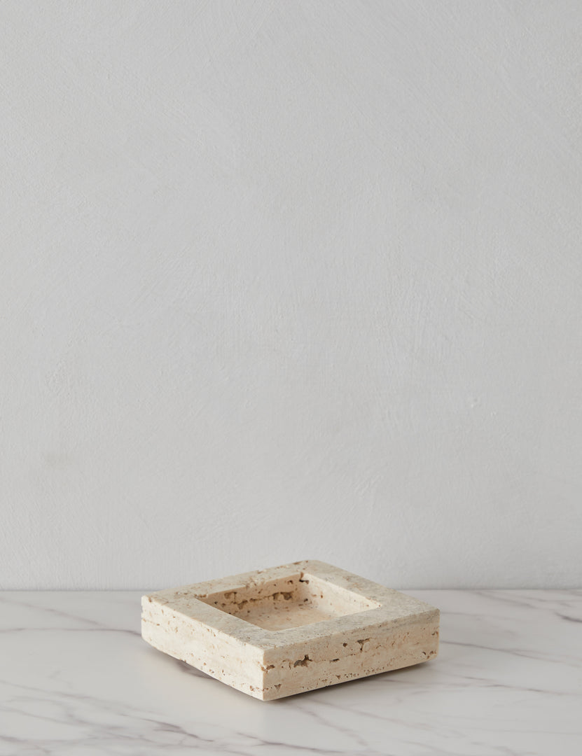 #color::travertine | Side view of the Teo catchall square tray in travertine