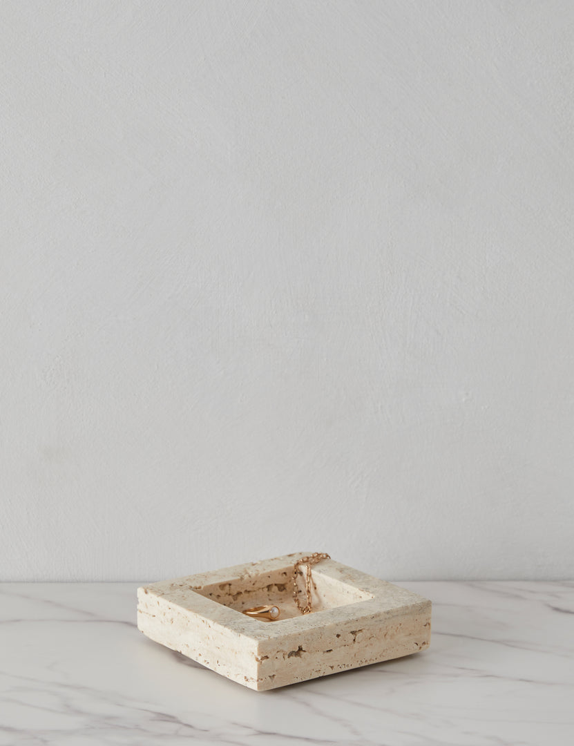 #color::travertine | Angled view of the Teo catchall square tray in travertine