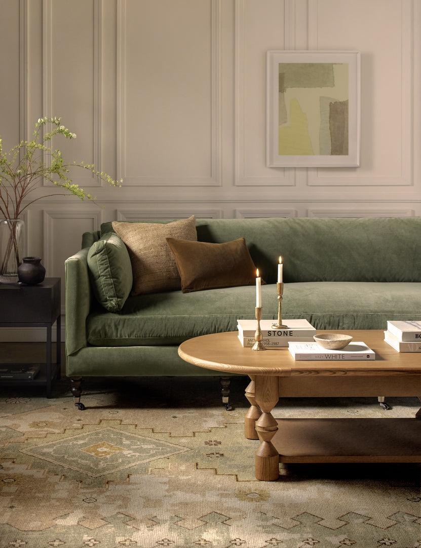 #color::moss-luxe-velvet #size::90-w #size::71-w #leg-finish::chocolate-and-pewter | Fabienne moss green velvet plush couch with decorative legs.