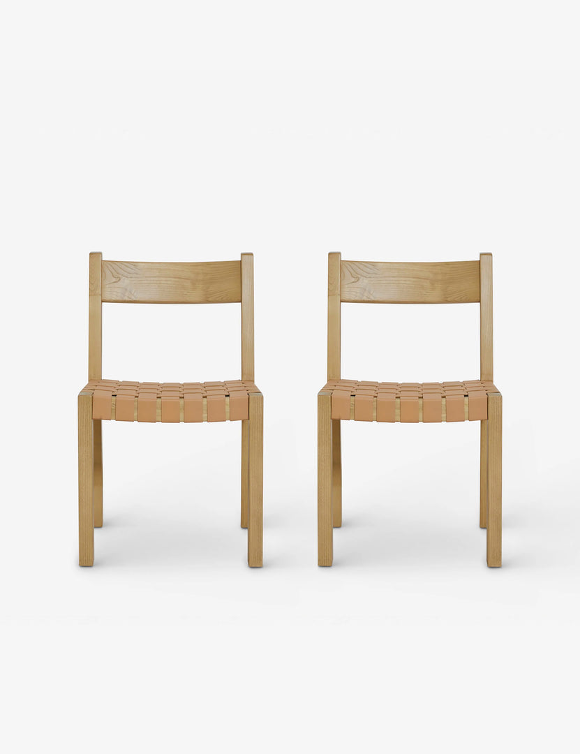 #color::natural | Set of 2 Vix light wood frame and woven leather seat dining chairs.